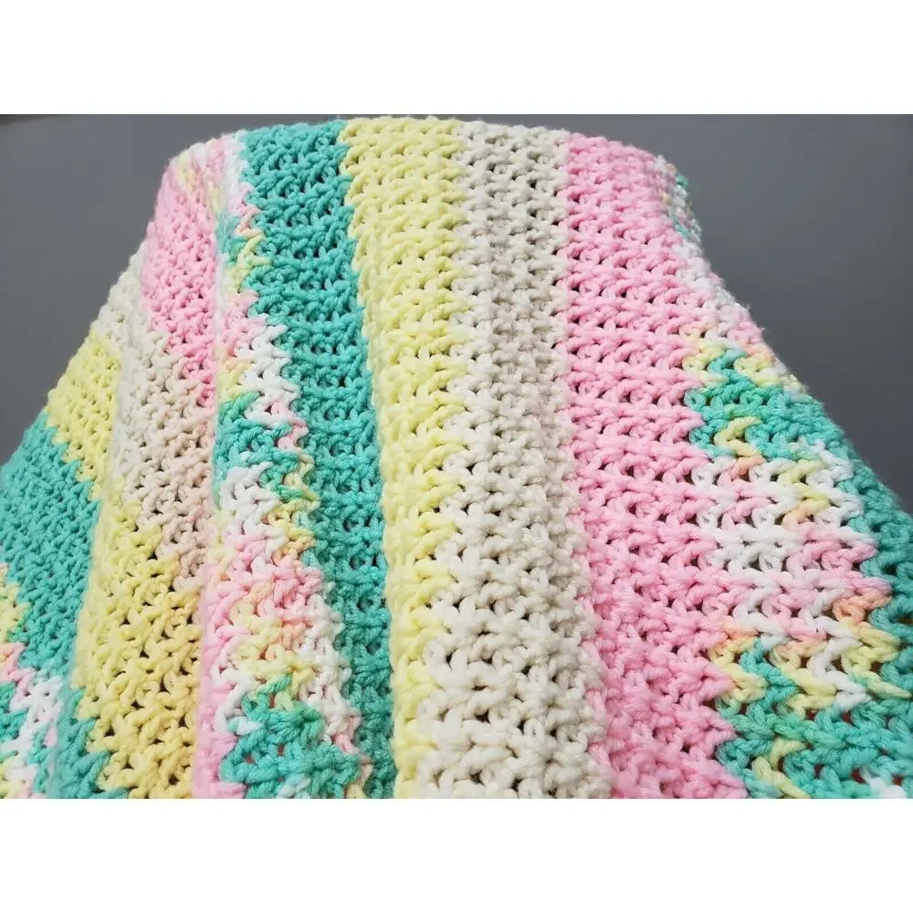 Vintage pink yellow green afghan blanket throw nursery y2k‎ bedroom decor easter